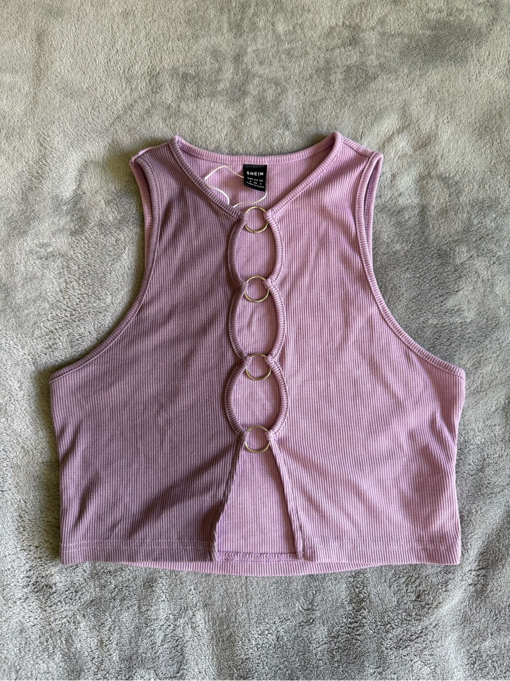 SHEIN Lilac Ribbed Crop Tank with Front Ring Cutouts